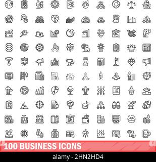 100 business icons set. Outline illustration of 100 business icons vector set isolated on white background Stock Vector