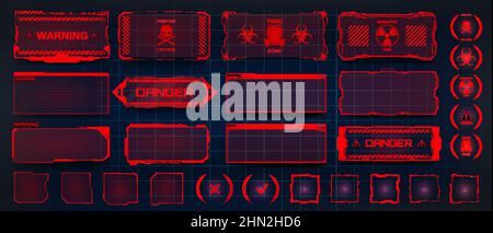 Red Warning panels, holograms, screen frames. HUD style Stock Vector