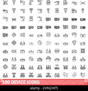 100 device icons set. Outline illustration of 100 device icons vector set isolated on white background Stock Vector