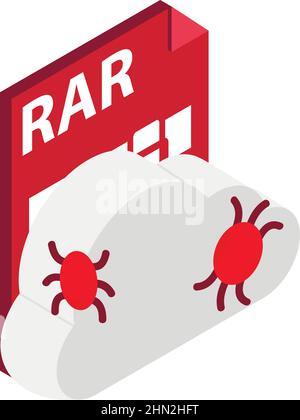 Cloud bug icon isometric vector. Cloud with software bug and rar file icon. Archiving program, data storage, internet security, cybercrime Stock Vector