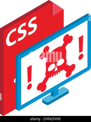 Hacked computer icon isometric vector. Skull, bone on computer screen, css file. Hacking attack, internet security, data protection Stock Vector