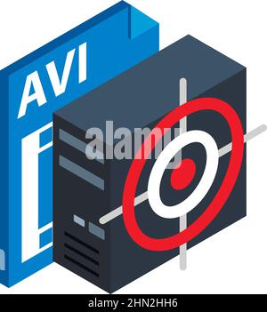 Information leakage icon isometric vector. System unit with target, avi file icon. Data security, digital technology, cybercrime Stock Vector