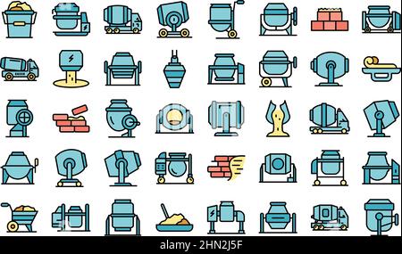Concrete mixer icons set outline vector. Cement truck. Auto blender Stock Vector