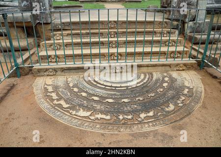 Moonstone at Abhayagiri Monastery in Sri Lanka Stock Photo
