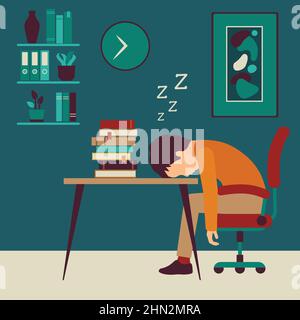 illustration of isolated child learn at night, Sleeping Boy Sitting At The Desk In Classroom, Part Of School And Scholar Life Stock Vector