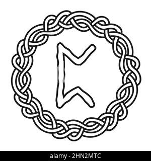 Rune Perthro in a circle - an ancient Scandinavian symbol or sign, amulet. Viking writing. Hand drawn outline vector illustration for websites, games, Stock Vector