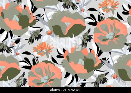 Vector floral seamless pattern. Khaki and coral colored flowers isolated on a light gray background. Stock Vector
