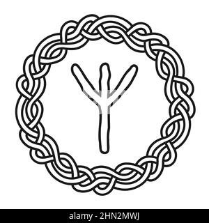 Rune Algiz in a circle - an ancient Scandinavian symbol or sign, amulet. Viking writing. Hand drawn outline vector illustration for websites, games, p Stock Vector