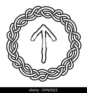 Rune Teiwaz in a circle - an ancient Scandinavian symbol or sign, amulet. Viking writing. Hand drawn outline vector illustration for websites, games, Stock Vector