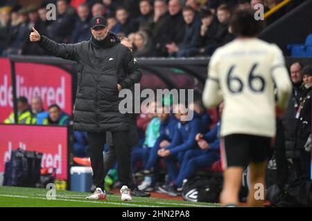 Burnley, UK. 13th Feb, 2022. Liverpool manager Jurgen Klopp gestures towards Liverpool's Trent Alexander-Arnold during the Premier League match at Turf Moor, Burnley, UK. Picture date: Sunday February 13, 2022. Photo credit should read: Anthony Devlin Credit: Anthony Devlin/Alamy Live News Stock Photo