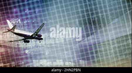 Plane flying on skyscrapers and binary key background Stock Photo
