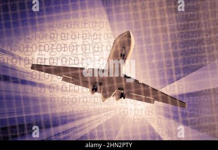 Plane flying on skyscrapers and binary key background Stock Photo