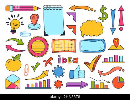 Social media hand drawn doodle sketch set. Business, study, creativity and work internet doodles concept. Line elements company, contact communication, graph and chart symbols and icon vector Stock Vector