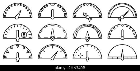 Speedometers and indicators, scales line outline contour icon set isolated on white background. Collection of rating with different shapes of arrows. Fast and slow speed signs. Vector illustration Stock Vector