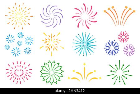 Fireworks salute colors set of festive bursting, celebration explosion, salute, bright sparks. For holiday and party or anniversary design elements isolated on white background. Vector illustration Stock Vector