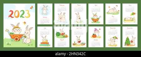 Calendar 2023 with cute rabbit with bouquet of strawberries and funny