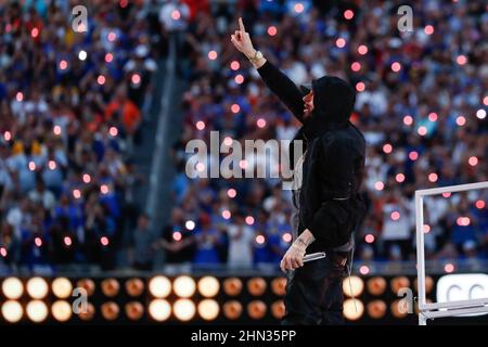 Sunday, February 13, 2022, 2022; Inglewood, CA USA; Eminem performs during  the Pepsi halftime show at Super Bowl LVl between the Cincinnati Bengals  and the Los Angeles Rams at SoFi Stadium. The