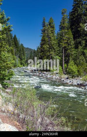 A rapidly flowing section of the Wild and Scenic Trinity River near Lewiston Lake reservoir in northern California, USA Stock Photo