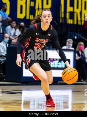 Berkeley, CA U.S. 13th Feb, 2022. A. Utah guard Kennady McQueen (24) brings the ball up court during the NCAA Women's Basketball game between Utah Utes and the California Golden Bears. Utah beat California in overtime 80-75 at Hass Pavilion Berkeley Calif. Thurman James/CSM/Alamy Live News Stock Photo