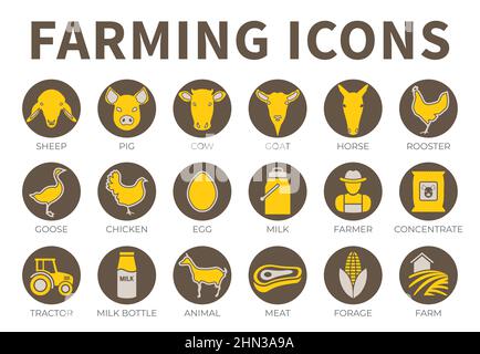 Brown and Yellow Farming Icon Set of Sheep, Pig, Cow, Goat, Horse, Rooster, Goose, Chicken, Egg, Milk, Farmer, Concentrate, Tractor, Bottle, Animal, M Stock Vector