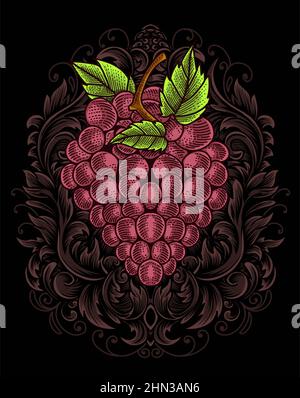 illustration red grape with engraving ornament Stock Vector