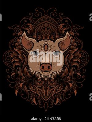 illustration pig head with vintage engraving ornament Stock Vector