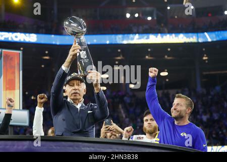 Los Angeles Rams owner Stan Kroenke holds the Lombardi Trophy after the Rams  defeated the Cincinnati Bengals in the NFL Super Bowl 56 football game  Sunday, Feb. 13, 2022, in Inglewood, Calif. (