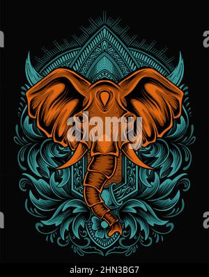 illustration elephant head engraving ornament style with mask Stock ...