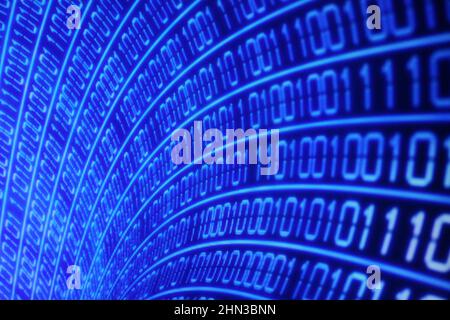 Illustration of running binary codes on a blue blurry background Stock Photo