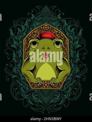 illustration cubby frog on vintage engraving ornament Stock Vector