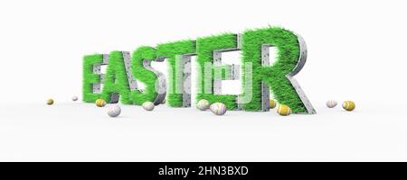 Easter banner. Green spring grass in shape of text. Festive background with easter eggs isolated on white. Creative template. 3D illustration. Stock Photo