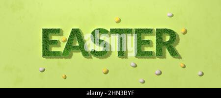 Easter. Green spring grass in shape of text. Festive banner with easter eggs on green background. Creative template. 3D illustration. Stock Photo
