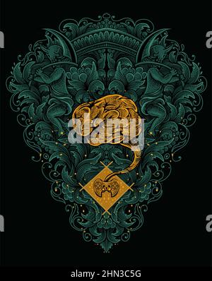 illustration brain control with two baby demon engraving ornament style Stock Vector