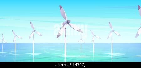 Offshore farm with windmills in water, alternative wind energy generation with turbines in sea or ocean, renewable green sustainable power, save planet environment concept, Cartoon vector illustration Stock Vector
