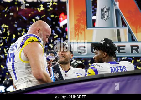 Los Angeles Rams offensive tackle Andrew Whitworth (77) celebrates after  winning the NFL Super Bowl 56 football game against the Cincinnati Bengals,  Sunday, Feb. 13, 2022 in Inglewood, CA. (AP Photo/Tyler Kaufman