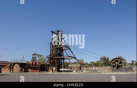 Kintore Headframe was previously located at Kintore shaft, the principal shaft of Junction Mine. Made of Oregon.wood in 1903. Stock Photo