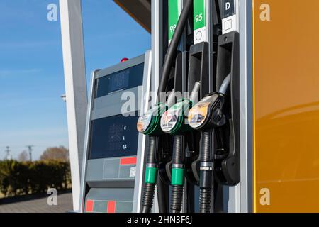 A gas pump at a gas station Stock Photo