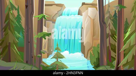 Summer landscape with waterfall among rocks. Cascade shimmers downward. Water flowing. Nice cartoon style. Conifers. Flat design. Vector. Stock Vector