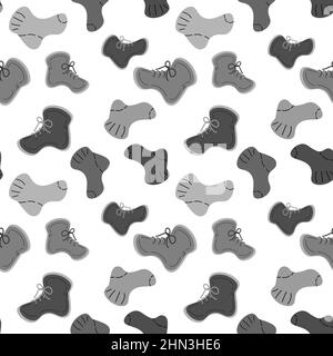 Seamless pattern featuring warm knitted socks and off-season boots in black and white colors in a minimalist style. Vector repeat texture. Abstract background. Vector illustration. Stock Vector