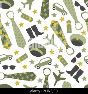 Seamless vector pattern of military icons on a white background. Wrapping paper. Stock Vector