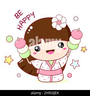 Cute little girl in kimono. Inscription Be happy. Banner with affirmation for kids playroom. Motivational quote for greeting card, invitation, poster, Stock Vector