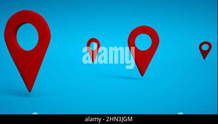 Location pin glossy red arrow. Tagging a sign landmark needle tip to create a route search. On blue. Stock Photo