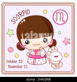 Zodiac Scorpio sign character in kawaii style. Cute chibi little girl in kimono. Square card with Zodiac symbol, date of birth and cartoon baby girl. Stock Vector