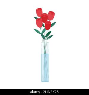Bouquet of red Roses flowers in glass vase. Floral bunch isolated on white background. Vector flat illustration. Stock Vector