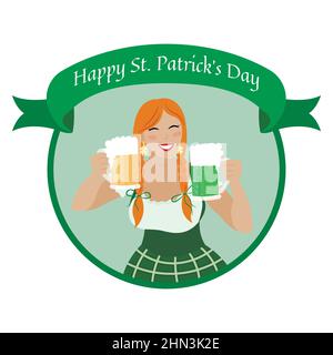 Saint Patricks Day girl. Happy St Patricks Day greeting card, poster. Cute cartoon Irish woman in green national dress smiles and hold two beer mugs. Stock Vector