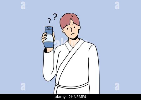 Cosmetics and treatments for men concept. Young man wearing bathtub standing cosmetic bottle in hands with question mark nearby vector illustration  Stock Vector