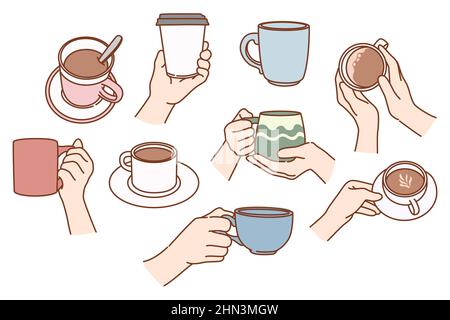 Set of person hold mugs enjoy coffee in cafe or home. Collection of people with takeaway or casual cups drink warm tea or cappuccino in coffeeshop or house. Flat vector illustration.  Stock Vector