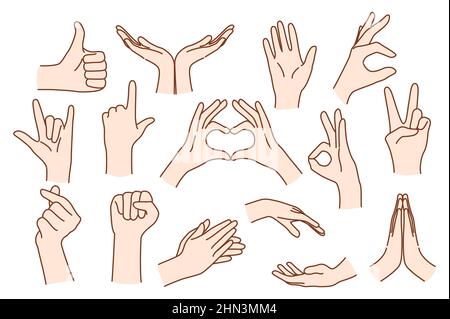 Set of person hands show different hand gestures expressing thoughts and emotions. Man or woman speak talk using sign language. Nonverbal communication concept. Flat vector illustration.  Stock Vector
