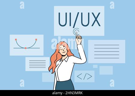 User interface and experience concept. Young woman web designer computer programmer standing and pointing at ui ux vector illustration  Stock Vector