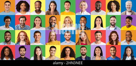 Collection of real people portraits smiling and being happy over colorful studio backgrounds. Diverse society concept Stock Photo